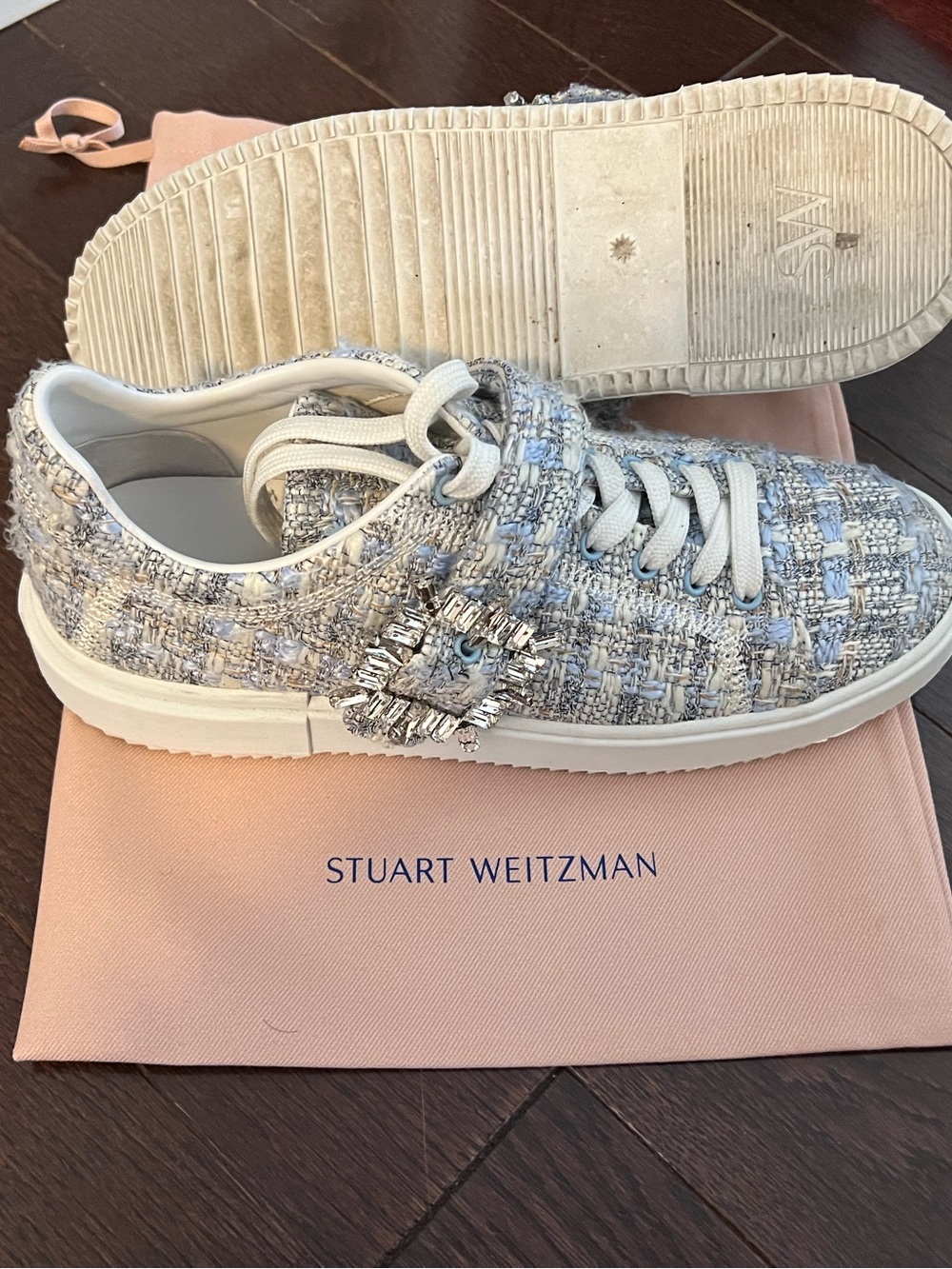 Stuart Weitzman Tweed Crystal-Buckle Lace-Up Sneakers in Light Blue & White
